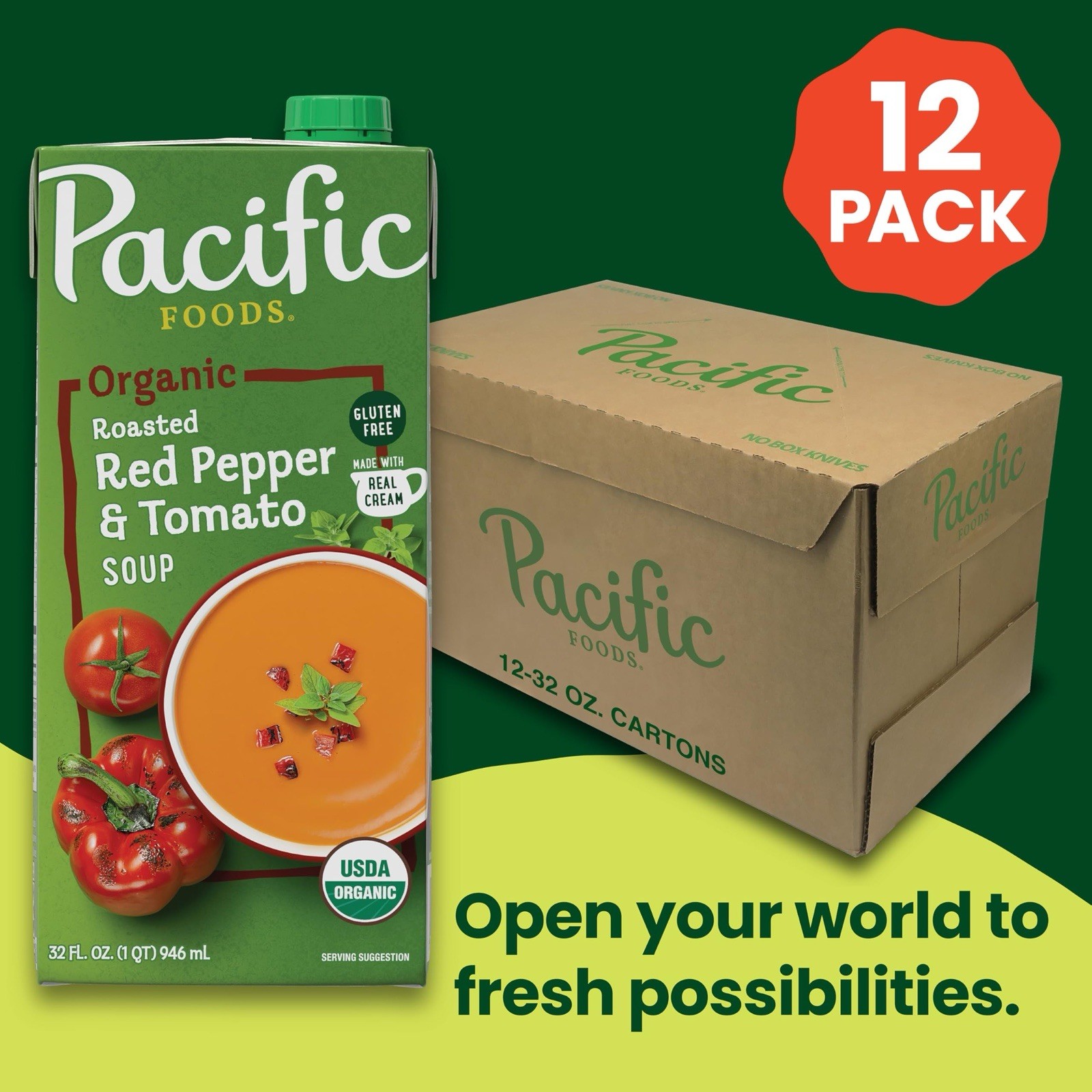Pacific Foods Organic Roasted Red 🌶️ Pepper and Tomato 🍅 Soup, 32 oz (12 Ct)