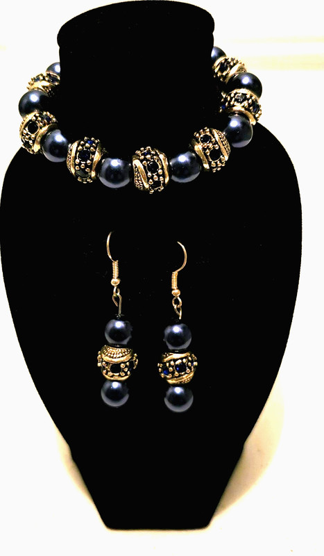 7'' Bracelet Blue Pearls Beads with silver mix colors spacers - 2'' Earring Set