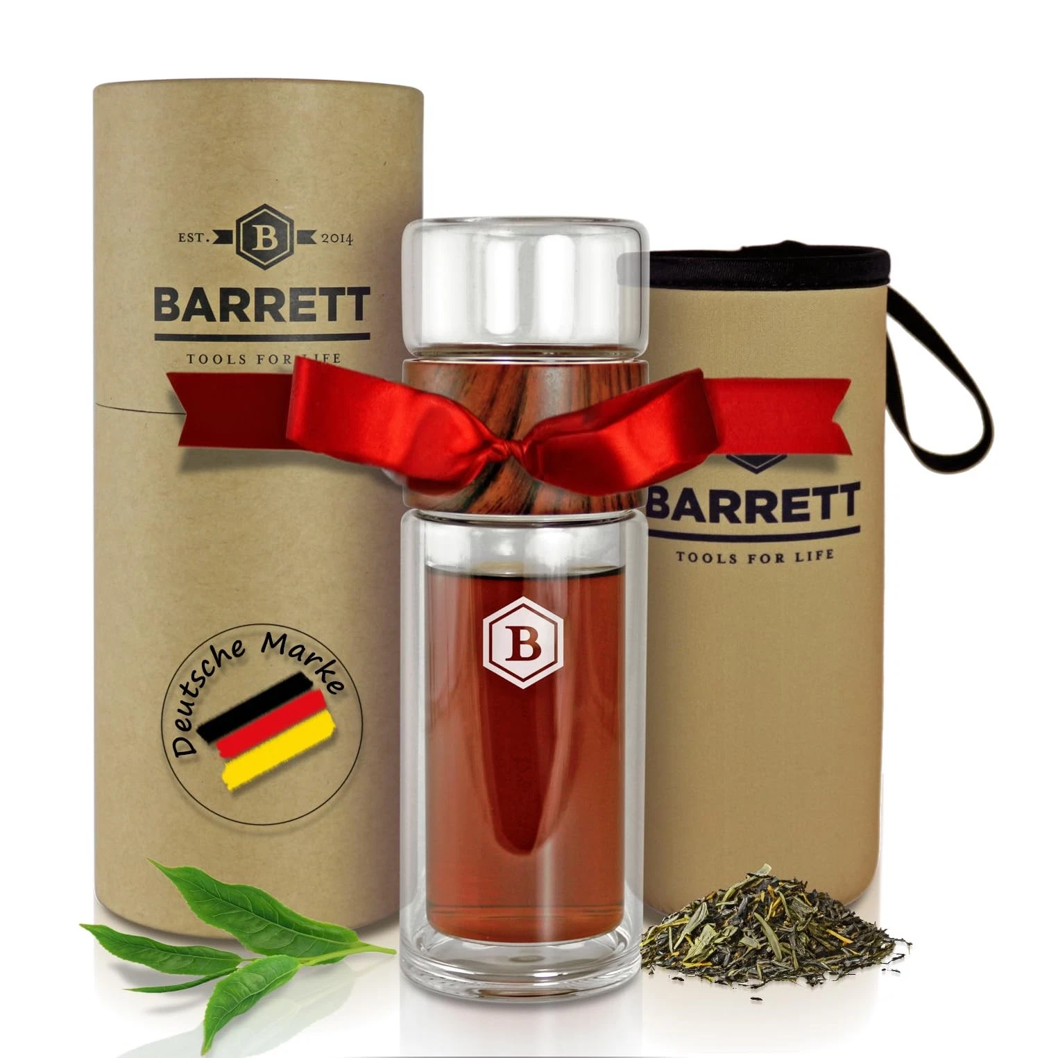 Barrett Tea Bottle with Strainer To Go 300ml, Tea Bottle Glass with Tea Strainer Double...