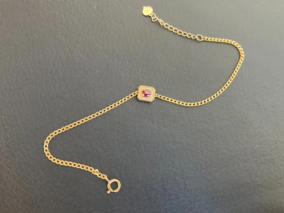 18K Gold Natural Ruby Diamond Cuban Link Chain Bracelet 7.4 Inches - Image 4 of 4