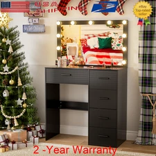 Dressing Table with Large Mirror+11 LED Bulbs & 5 Drawers Vanity Makeup Desk
