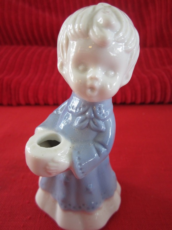 Vintage 4" Blue and White Choir Boy Mini Candlestick Tapper Holder Figurine Xmas