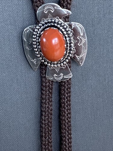 Vintage Native American Carnelian Stone Thunderbird Bolo Tie Brown Cord - Picture 6 of 10