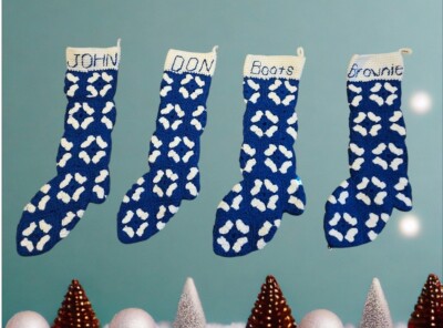 4 Vintage Christmas Stockings Crochet Granny Square Royal BLUE WHITE Handmade