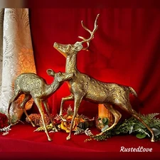 Brass Deer Christmas Holiday Statues Centerpiece Gold Reindeer Rustic Cabin LG