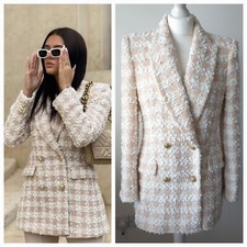 Zara Pink White Double Breasted Textured Blazer Jacket Size S Small 8 10