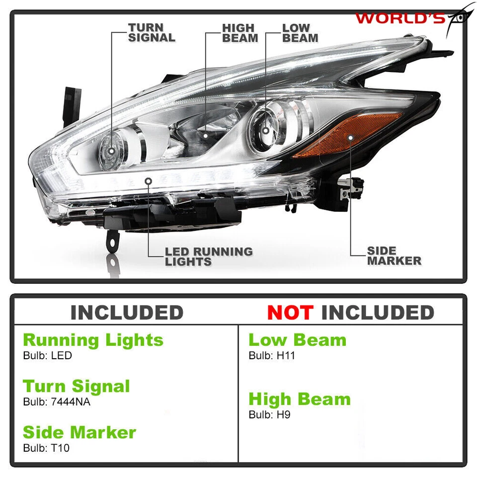 适用于日产 Murano 2015 - 2018 卤素车头灯 LED DRL 投影仪 左 + 右侧 — 第 4/4 张图片