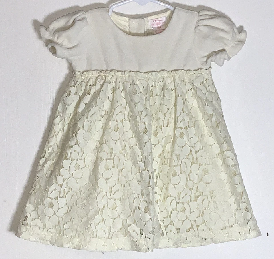 Vestido Chaps Bebé Niña Talla 9M Marfil Manga Corta Terciopelo Top Encaje Floral Parte Inferior Foto 2 de 4