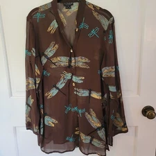 100% Silk Citron Santa Monica Firefly embroidered Button Down Brown Small