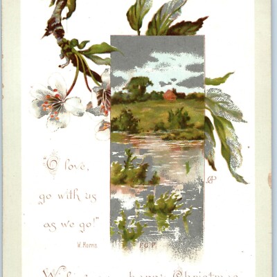 Vtg 1880s William Morris Poem Christmas Trade Card Hildesheimer Faulkner Floral