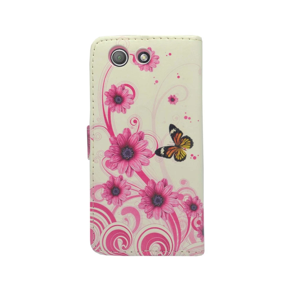 CASE FOR SONY XPERIA Z3 MINI WHITE PINK SWIRL FLOWER BUTTERFLY PU LEATHER WALLET - Image 3 of 4