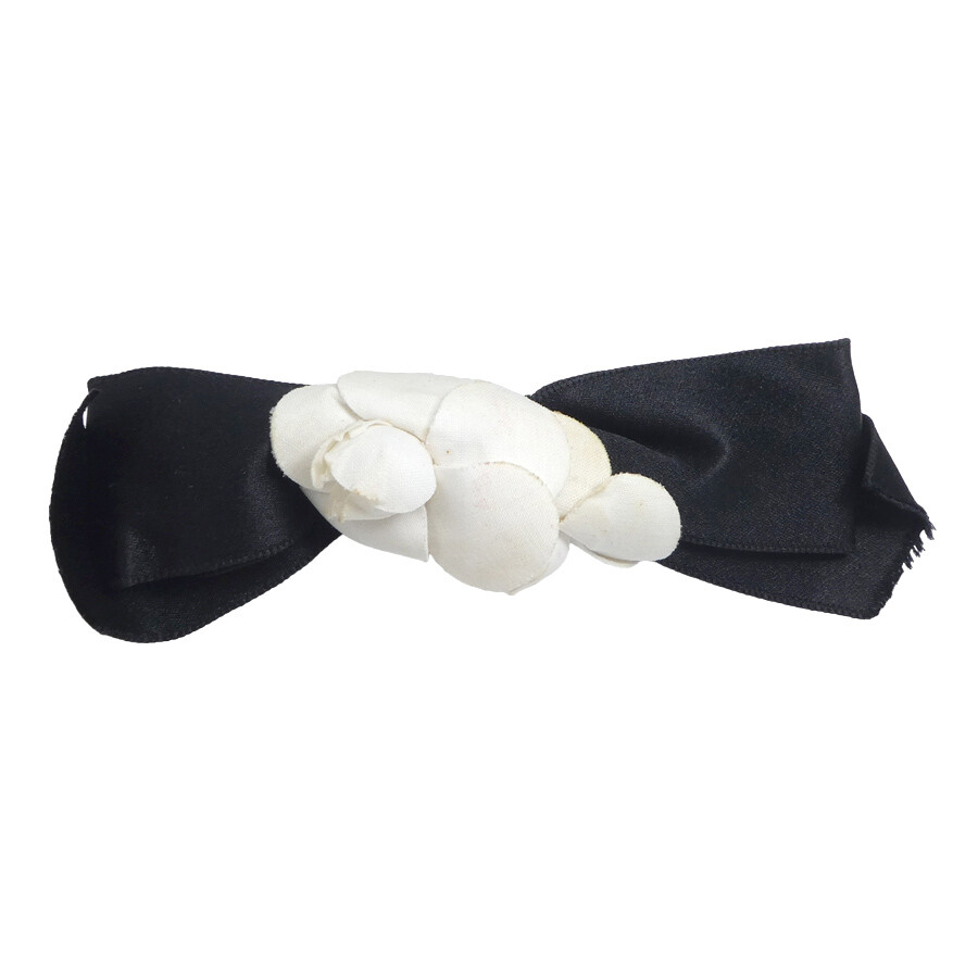 Auth CHANEL Camellia Ribbon Barrette Hair Clip Off White