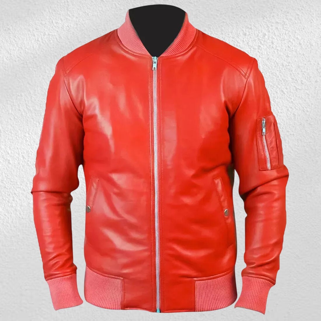 Men's Slim Fit Orange Bomber Motorcycle Jacket in Lambskin Leather