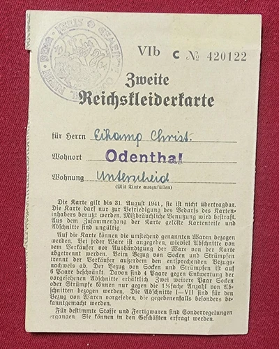 WW2 WWII German Third Reich Clothing Uniform Military war Rations card Germany