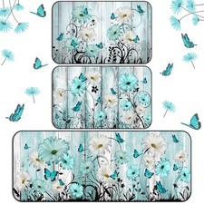 3 Pcs Spring Kitchen Rugs and Mats Set Farmhouse Rustic Non Slip Rug Teal Daisy
