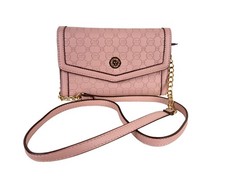 Anne Klein Pink Monogram Embossed Flap Crossbody Bag Gold Chain Strap Purse
