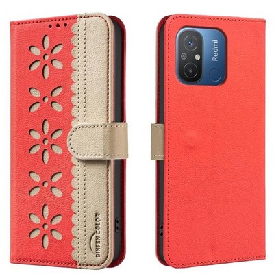 RFID Ledertasche Floral Rot für Xiaomi Poco C55 mit farbigem Kabel