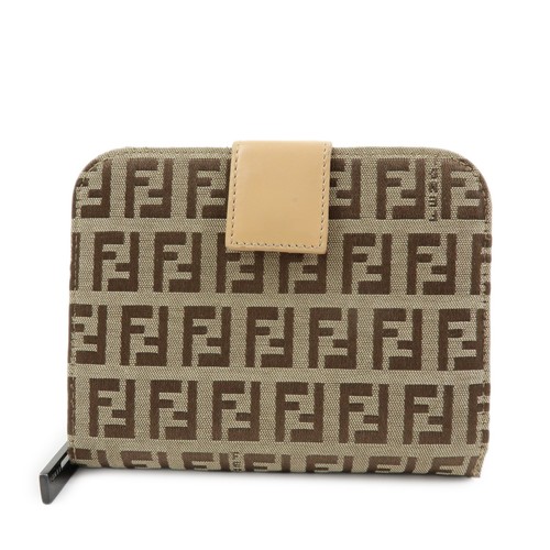 FENDI Zucchino Canvas Leather Compact Wallet Beige 8M0018 Authentic Used F/S