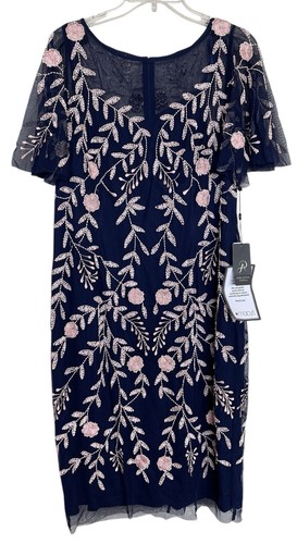 Adrianna Papell Kleid Damen Größe 16 Blau Rosa Blumen Perlen Pailletten Transparent - Bild 1 von 12