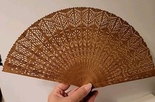 Vtg Asian Ornate Cutout Design WOODEN HAND FAN Folding Tassel Bail Original Case