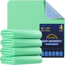 4 Pack 36” x 36” Extra Heavy Absorbency Washable Underpads, Waterproof Quick