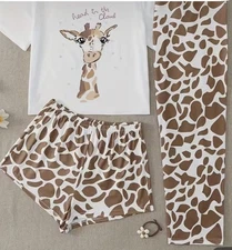 Women Pajama 3PC Giraffe Print Soft Short Sleeve Pajamas & Shorts & Long Pants M