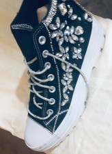 rhinestone embellished womens black high rop sneakers handmade pre-loved