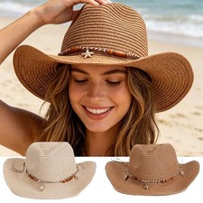 Womens Sun Straw Summer Floppy Beach Hat Wide Brim Foldable Rollup Cowgirl Hat