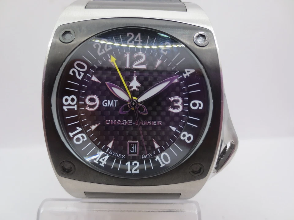 CHASE DURER GMT WING BLACK CARBON FIBER DIAL STAINLESS STEEL QUARTZ MENS WATCH - Image 4 of 4