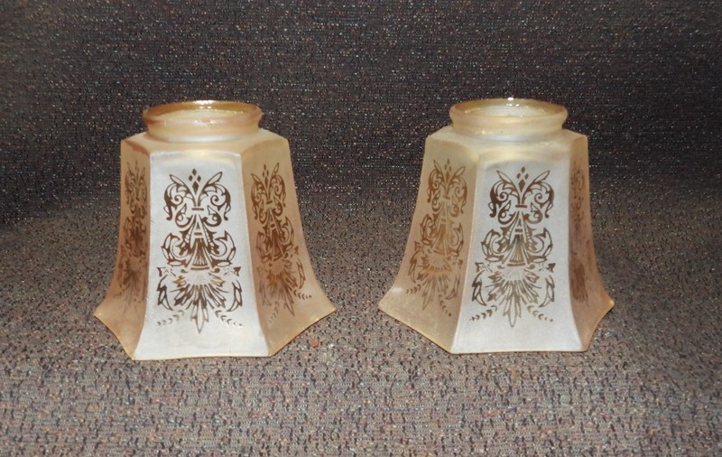 PAIR OF ETCHED PEACH COLORED 2 1/4" FITTER GLASS SHADES #8008