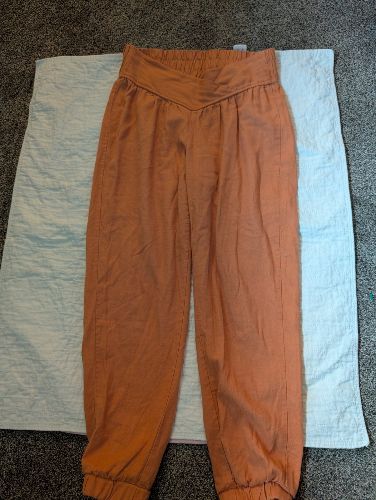 Banjara harem track pants with crossover waistband in boho orange linen athleisure