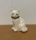 Fenton White Iridescent Glass Cat Figurine Green Rhinestone Collar Signed