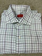 ISAIA NAPOLI WHITE SHIRT BURGUNDY TAUPE  LIGHT BLUE CHECK 100 COTTON 15.5 X 35