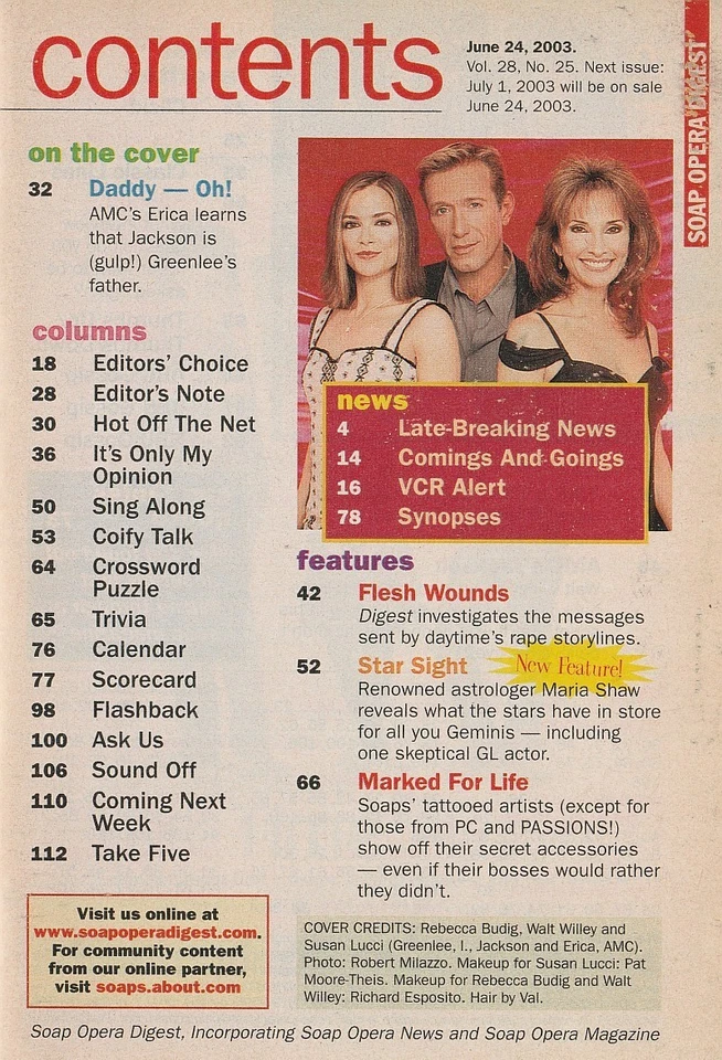 Soap Opera Digest June 24, 2003 WALT WILLEY-LAURA WRIGHT-GREG VAUGHAN-TATTOOS - Image 2 of 4