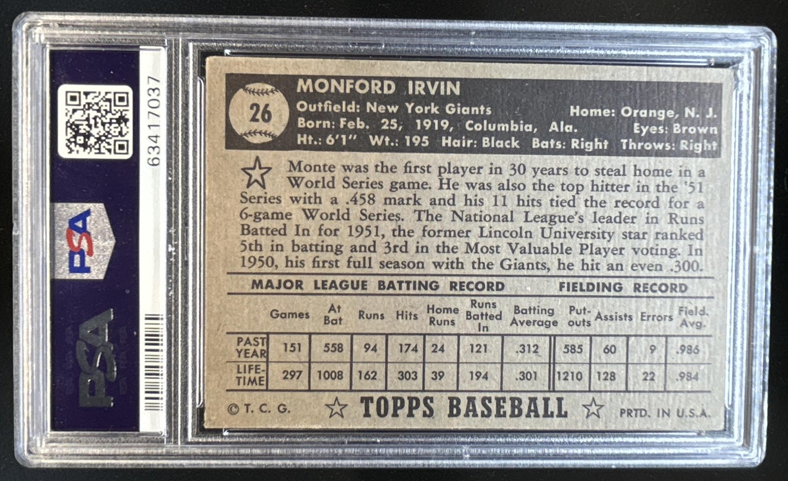 1952 Topps Monte Irvin Black Back #26 Giants PSA 4 view 2