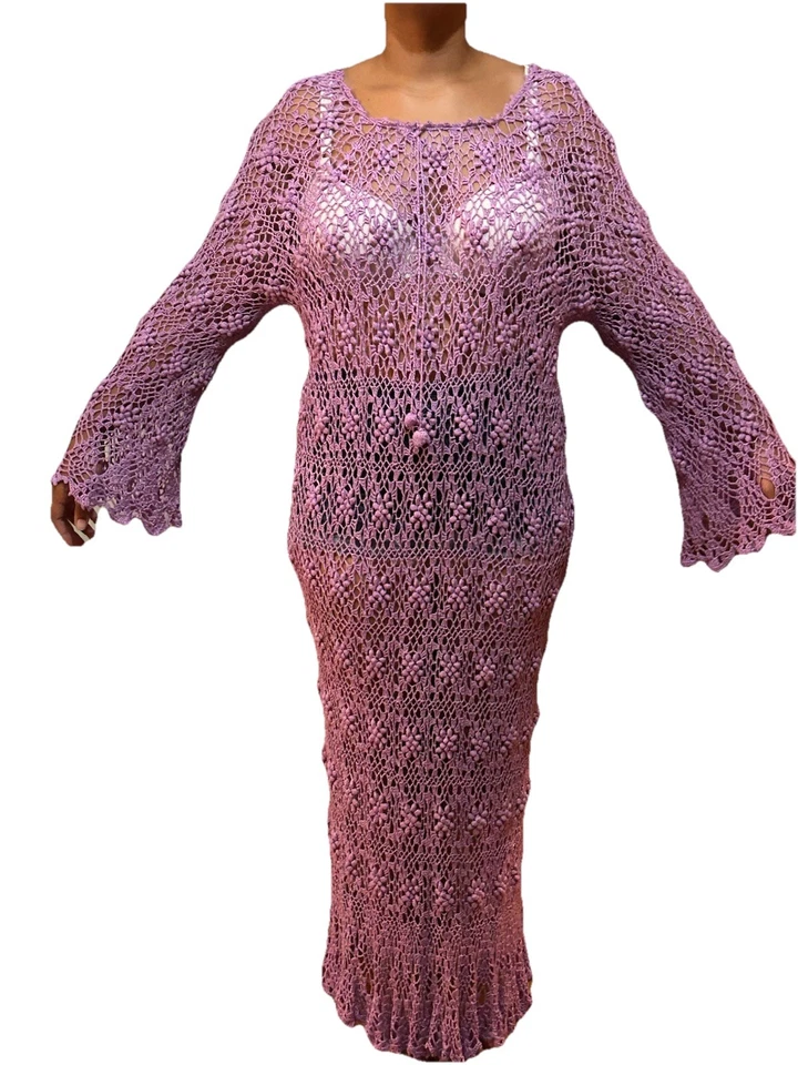 Antigo Vestido Maxi Alonzo Charles Crochê Lilás Manga Sino Tamanho Grande Boho Fada - Imagem 2 de 4