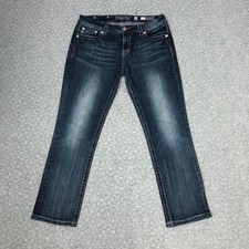 Miss Me Jeans Womens 30 Blue Mid Rise Easy Crop Embellished Pockets Straight Leg