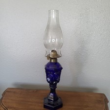 Vibrant Colbalt Blue Glass Oil Lamp With Heart And Waffle Design