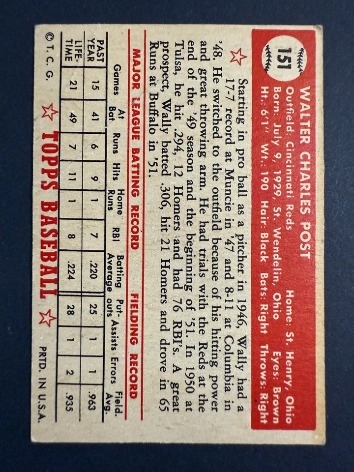 1952 Topps #151 Wally Post Cincinnati Reds Poor Filler Creases - Image 3 of 3