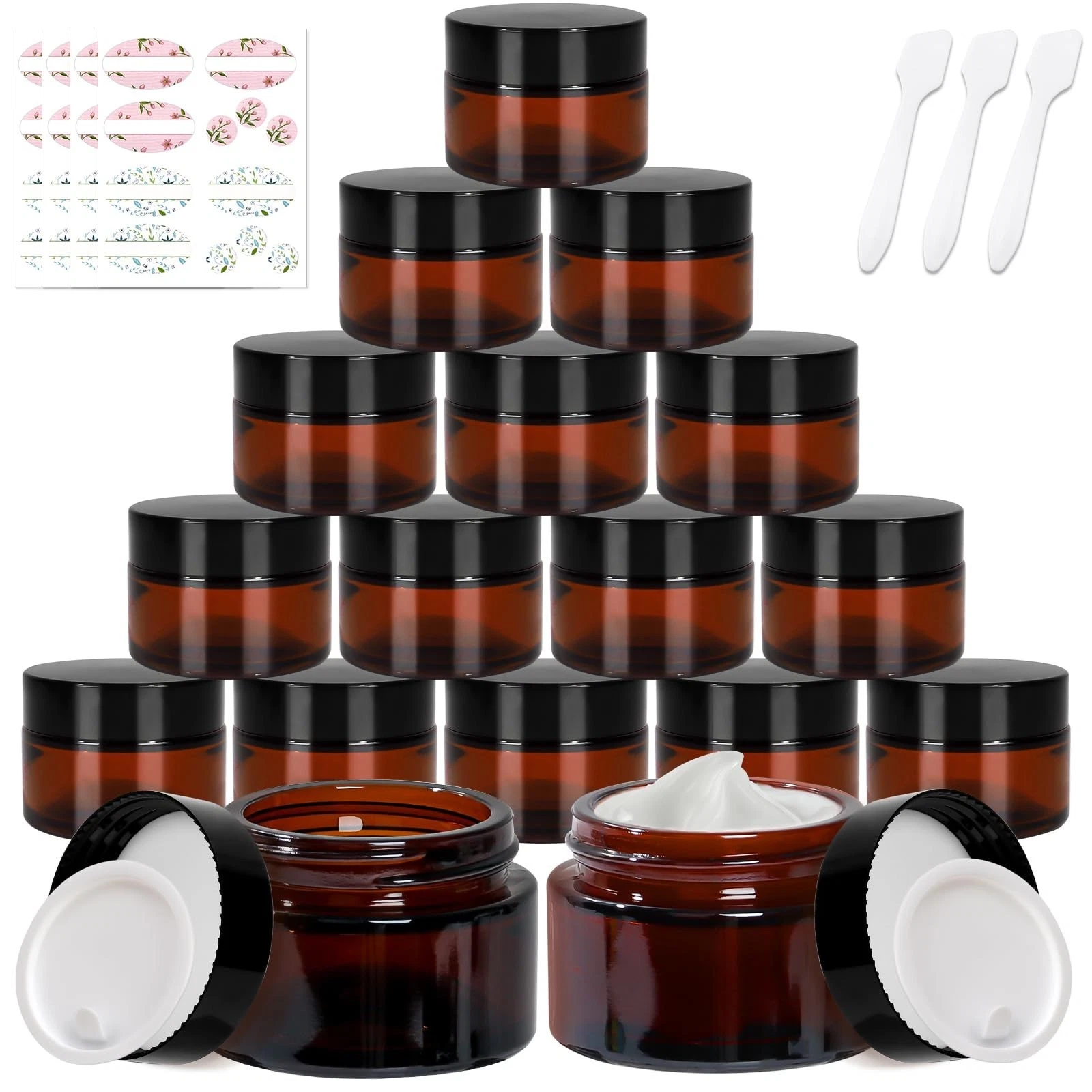 1 Oz Amber Glass Jars,24 Pack Empty Cosmetic Containers with Black Screw Lids