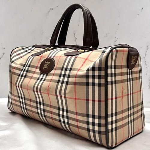Burberry Vintage Nova Check Shadow Horse Large Boston Travel Bag Beige Authentic