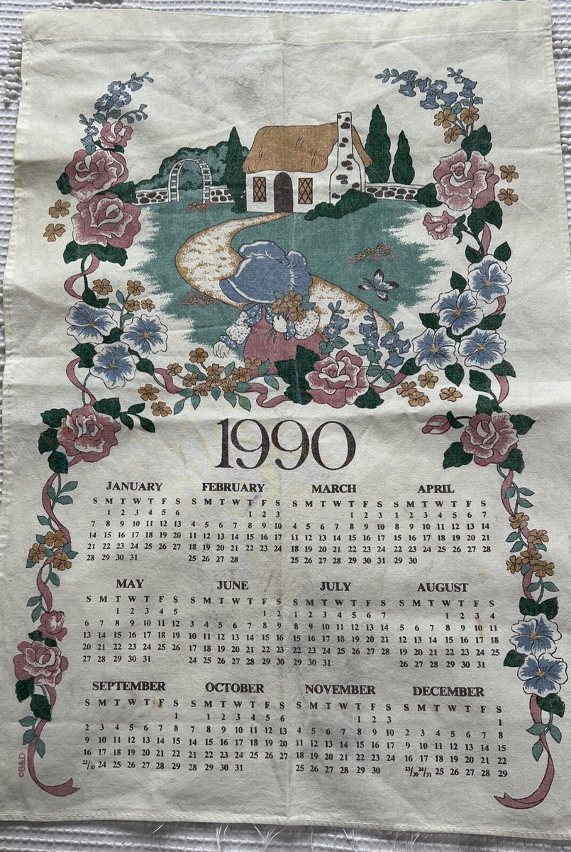Vintage 1990 Calendar Towel/Wall Hanging Girl Picking Flowers