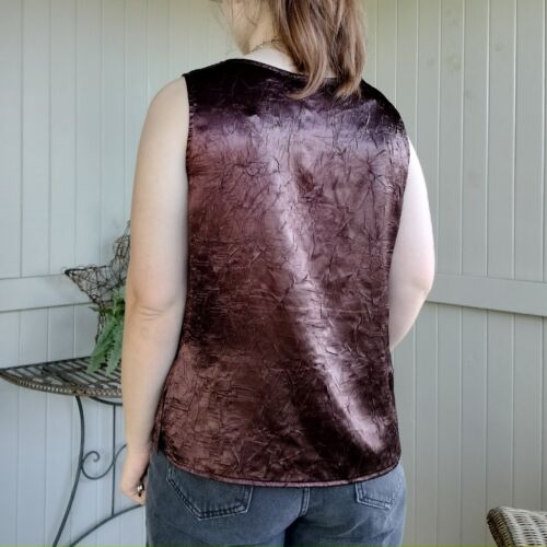 Vintage 80s 90s Charlie Brown Tank Top Brown Textured Satin Sleeveless Size 14 - Picture 4 of 7