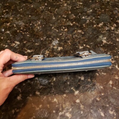 Vtg COACH Wallet Soho Zoe Double Buckle Teal Blue Leather