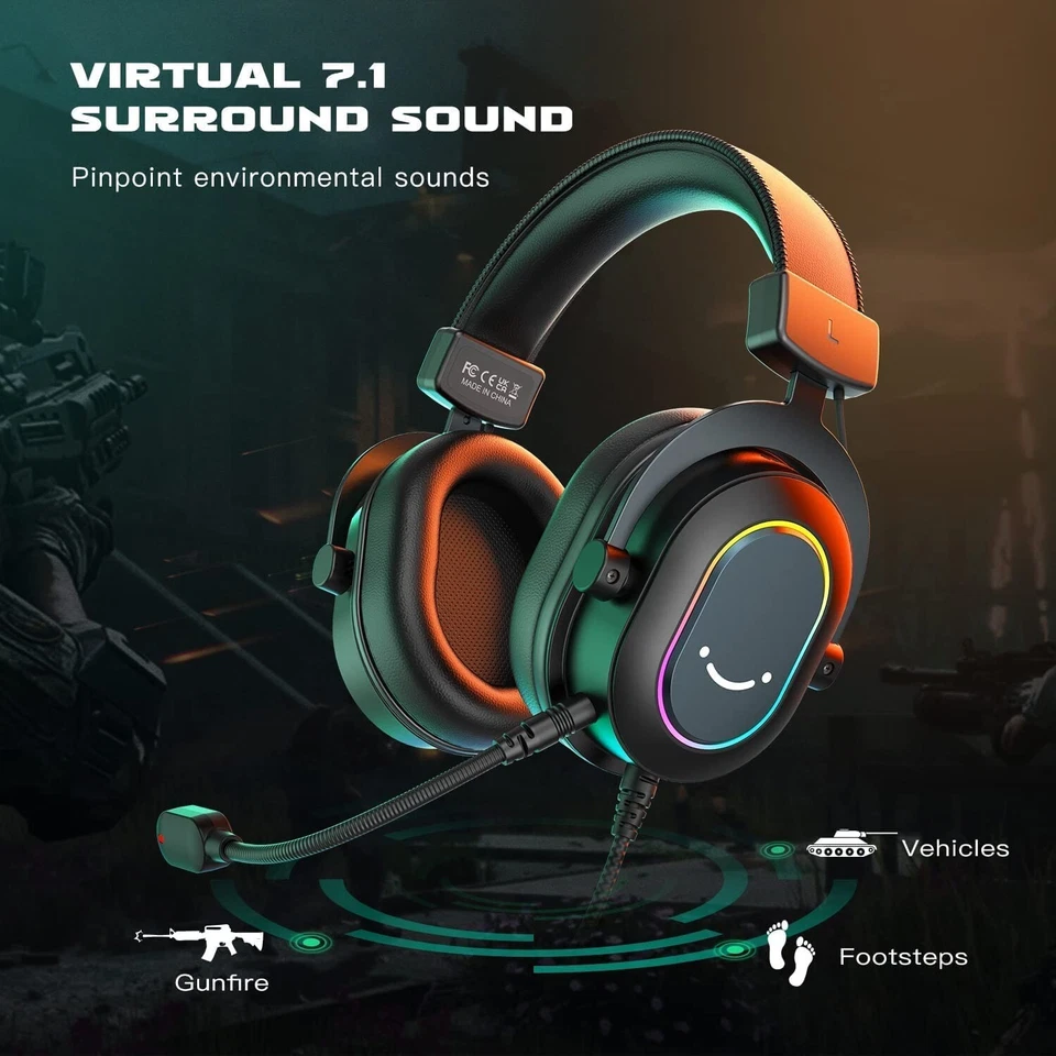Gaming Headset mit Mikrofon PC PS4 Over Ear Kopfhörer mit Kabel RGB Headphone - Bild 2 von 4