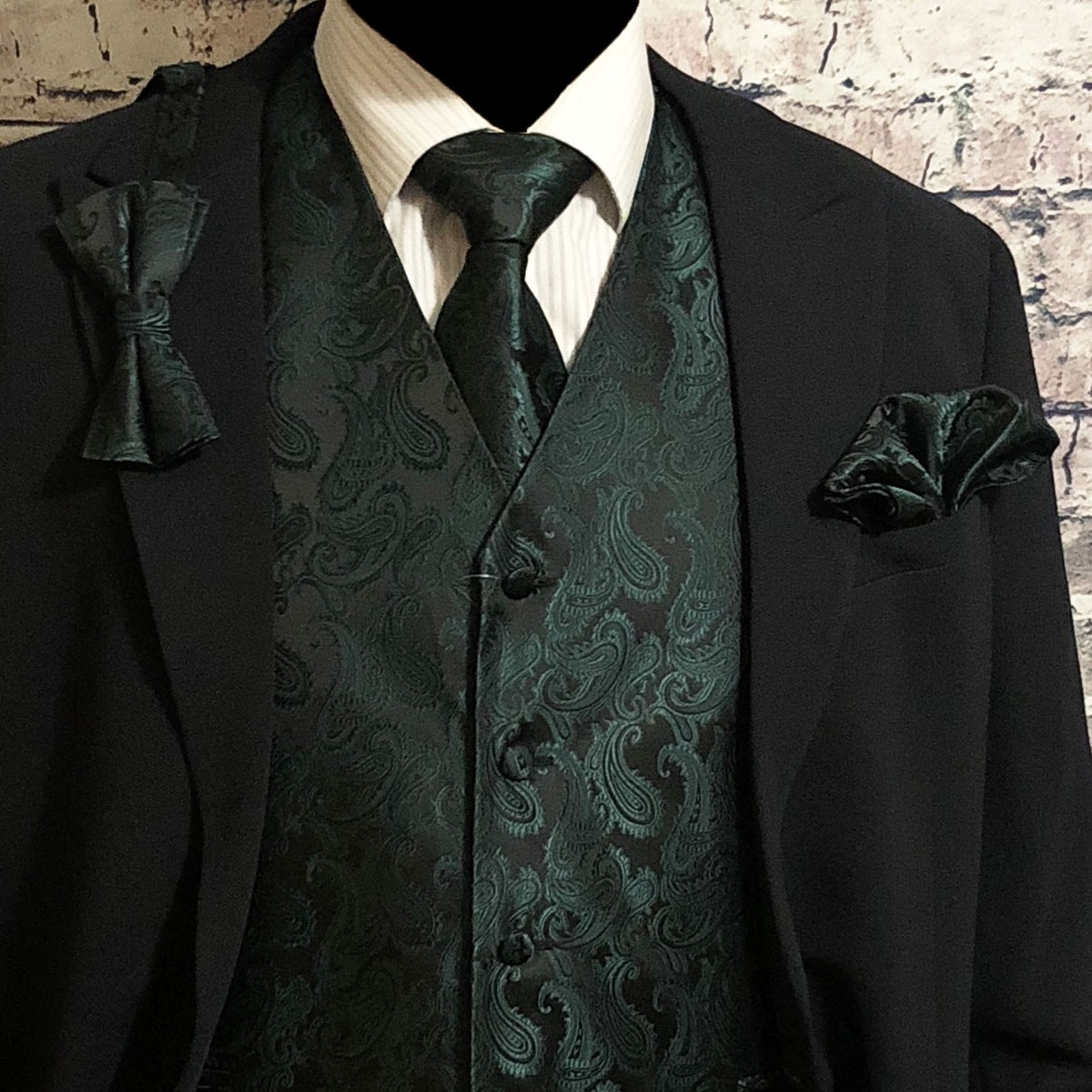 Dark Green Paisley Tuxedo Dress Vest Waistcoat Neck tie Bowtie