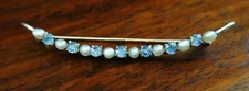 Art Nouveau 10K Gold Cresent Moon Seed Pearl & Natural Sapphire Pin Brooch