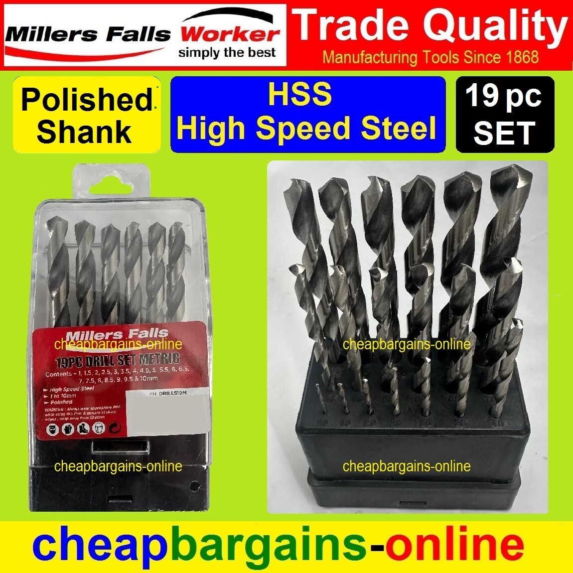 19pc METRIC DRILL BIT SET TO 10mm DRILLS HSS HIGH SPEED