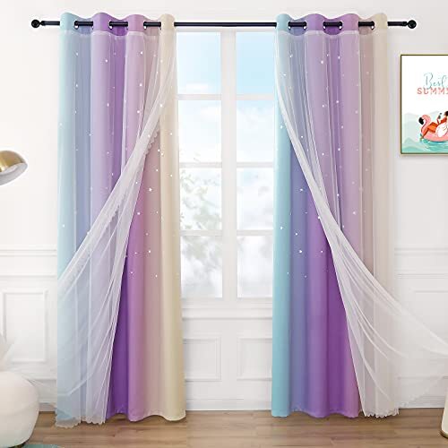 Vorhänge für Mädchen 2 in 1 Doppel 52" B x 84" L (2er Pack) Blau/Lila/Gelb - Bild 1 von 6