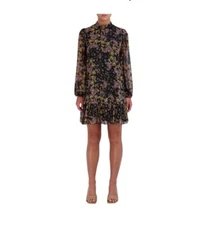 BCBG Paris Womens XL Black Floral Sheered Long Sleeve Dress Spray Garden NWT